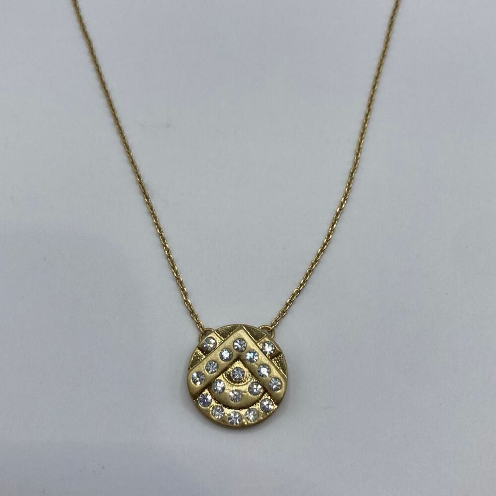 Gold Tone Rhinestone Pendant Necklace 16” Adjustable Chain